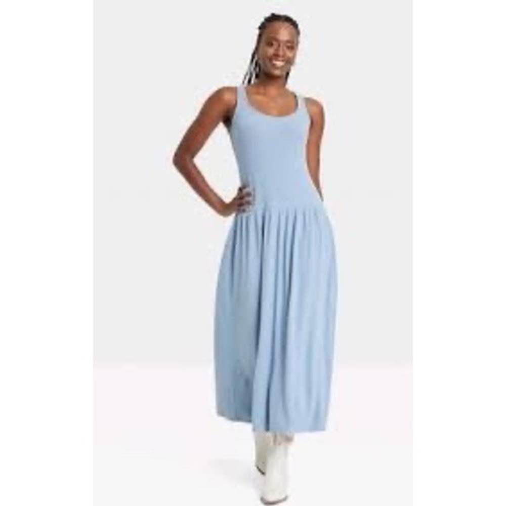 NEW Universal Thread Blue Ribbed Drop Waist Knit Midi Sleeveless Dress, Small